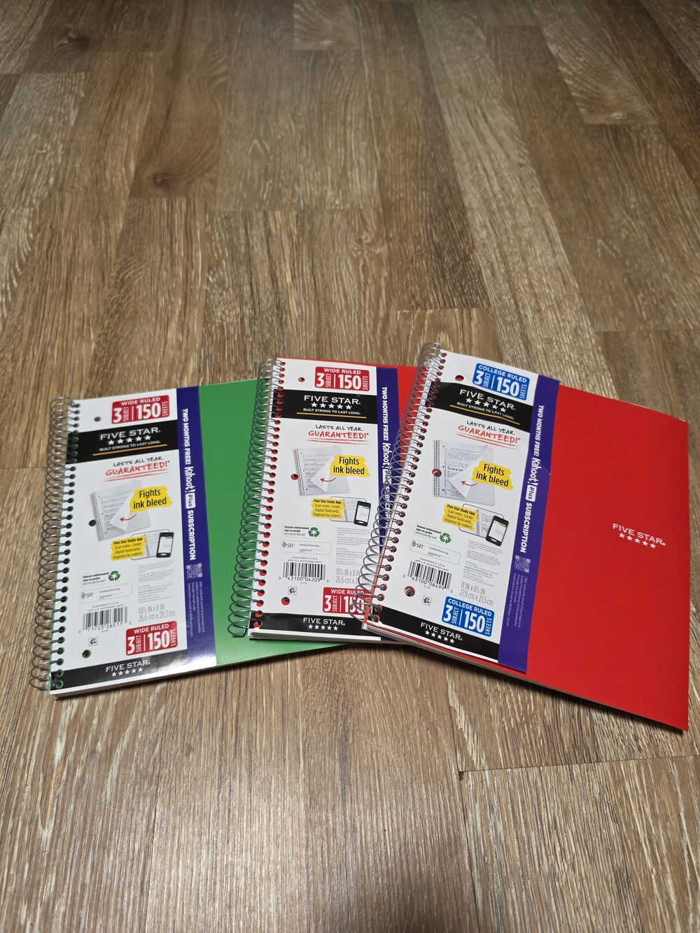Five Star Spiral Notebooks - Red, Green, Black Covers (Set of 3)